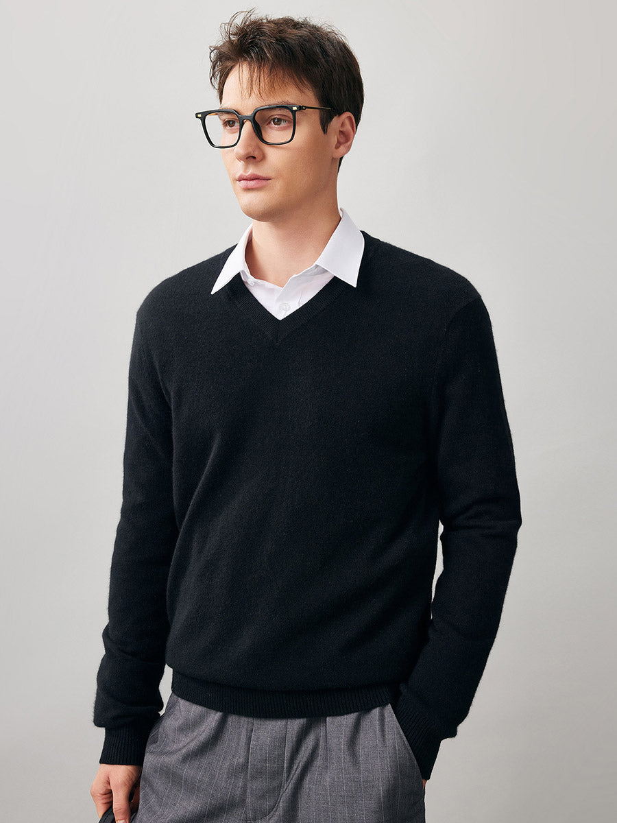 100% Cashmere Men's V-Neck Sweater, L / GRAY