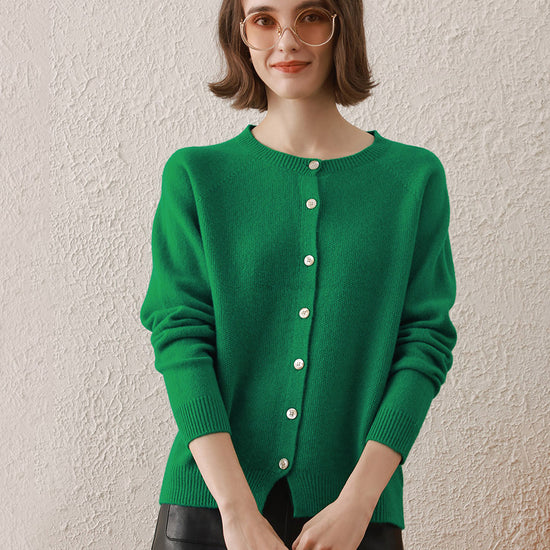 COMOBOCA GREEN 100% Wool Women's Round Neck Cardigan Sweater