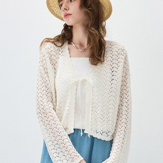 COMOBOCA Women's Linen Lace Knit Tie Front Cardigan