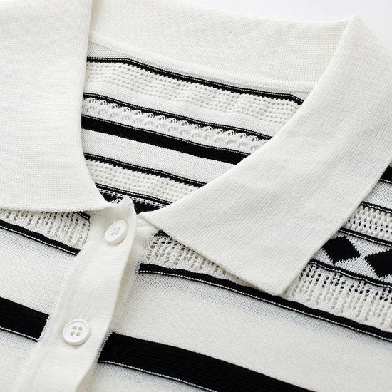 COMOBOCA Women's Geometric Stripe Polo Knit T-Shirt