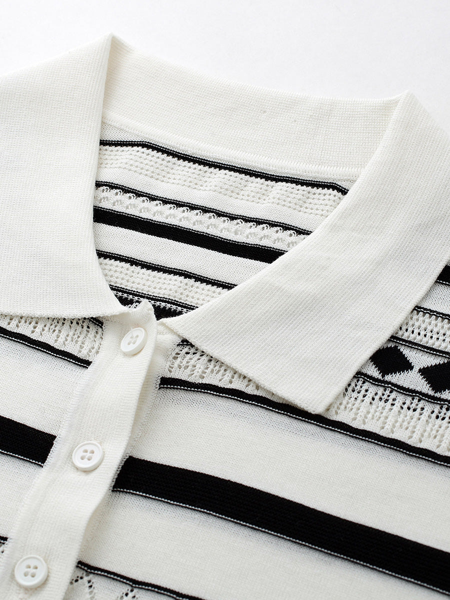 COMOBOCA Women's Geometric Stripe Polo Knit T-Shirt