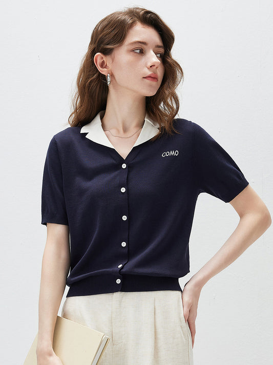 COMOBOCA Navy Blue Women's Contrast Collar Knit Button Down Cardigan