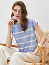 COMOBOCA Women's Cap Sleeve Striped Openwork Knit T-Shirt