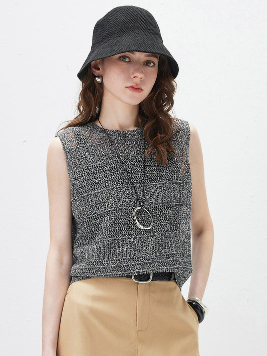 Women's Linen Blend Crew Neck Pointelle Knit Sleeveless Vest
