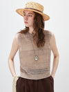 Women's Linen Blend Crew Neck Pointelle Knit Sleeveless Vest