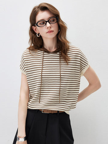 COMOBOCA Coffee Women's Striped Contrast Hooded Knit T-Shirt