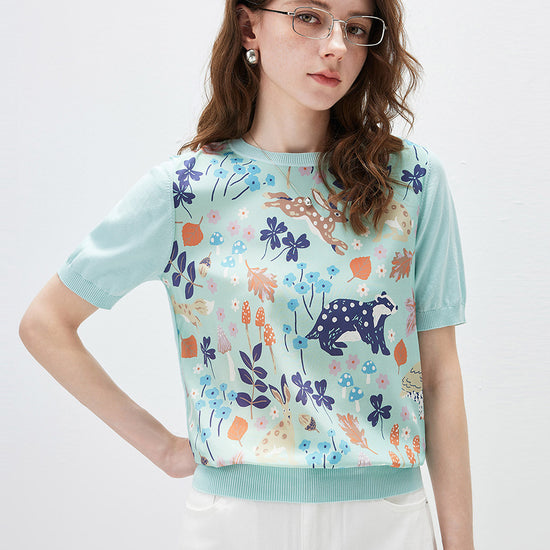 COMOBOCA Moonlight Green Women's Ribbed Print Knit T-Shirt