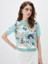 COMOBOCA Moonlight Green Women's Ribbed Print Knit T-Shirt