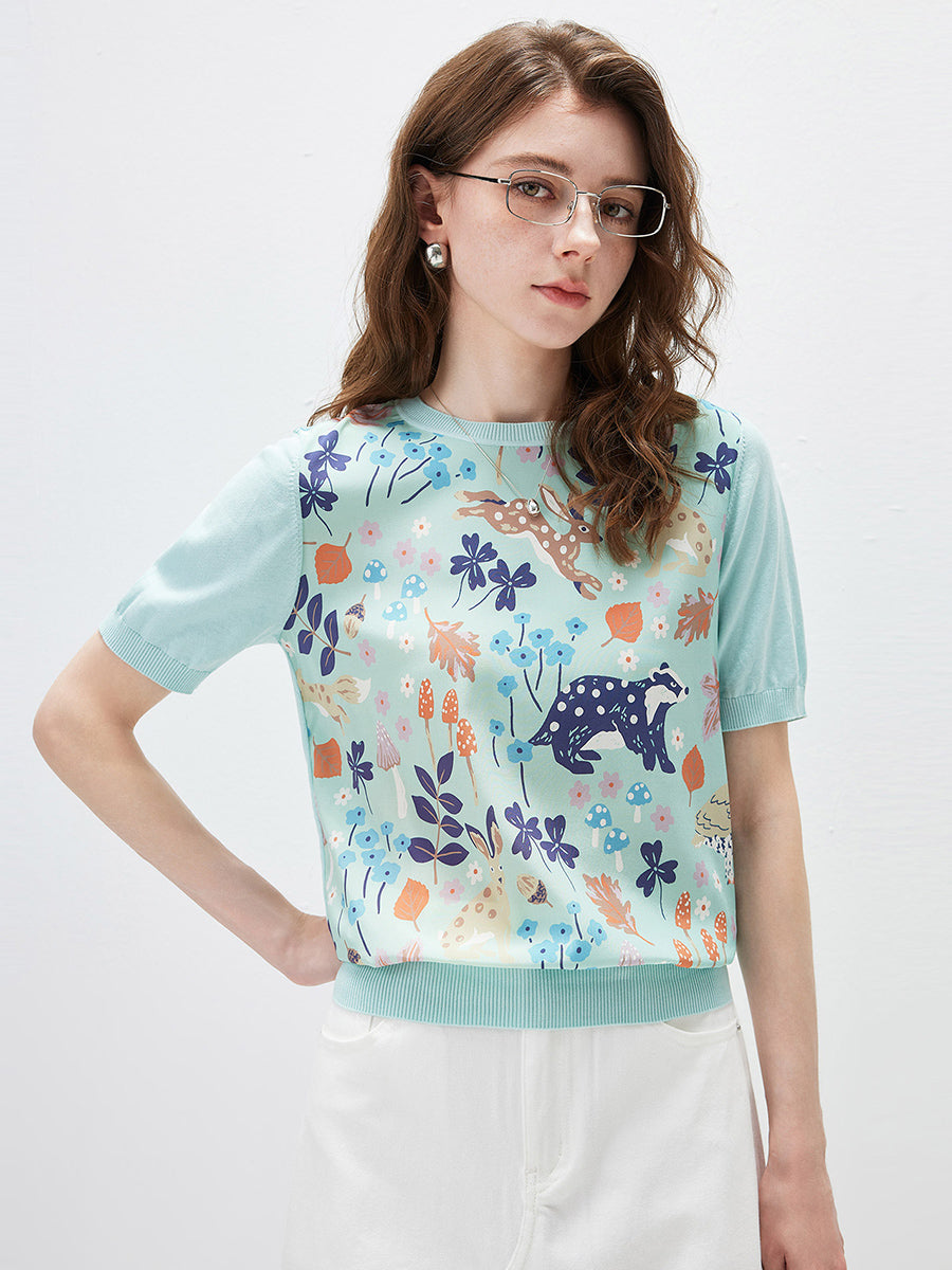 COMOBOCA Moonlight Green Women's Ribbed Print Knit T-Shirt