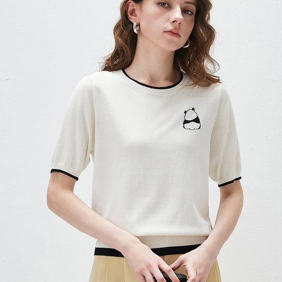 COMOBOCA Cloudy Women's Panda Motif Contrast Trim Knit T-Shirt
