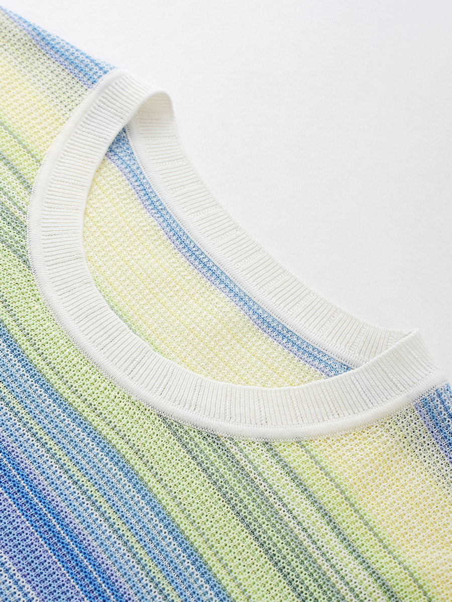 COMOBOCA Women's Gradient Stripe Openwork Knit T-Shirt