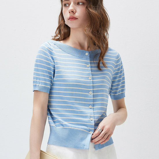 COMOBOCA Women's Striped Short Sleeve Knit Cardigan