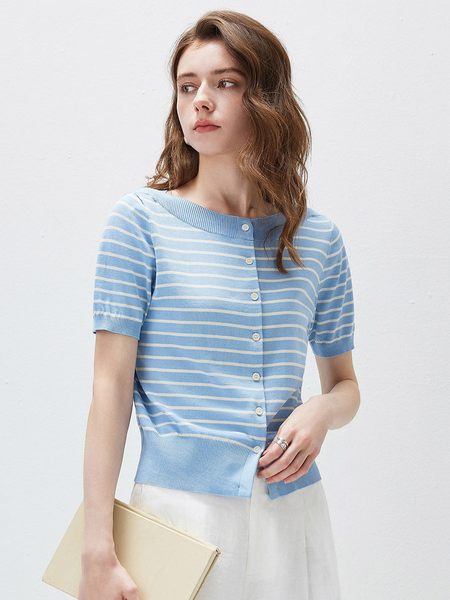 COMOBOCA Women's Striped Short Sleeve Knit Cardigan