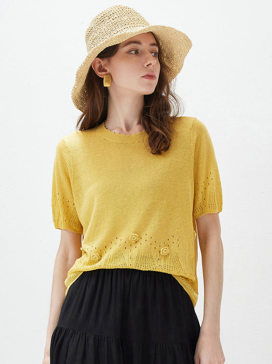 COMOBOCA Yellow Women's Sheer Openwork Knit T-Shirt