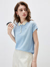 Women’s Mulberry Silk Knit Polo T-Shirt with Contrast Striped