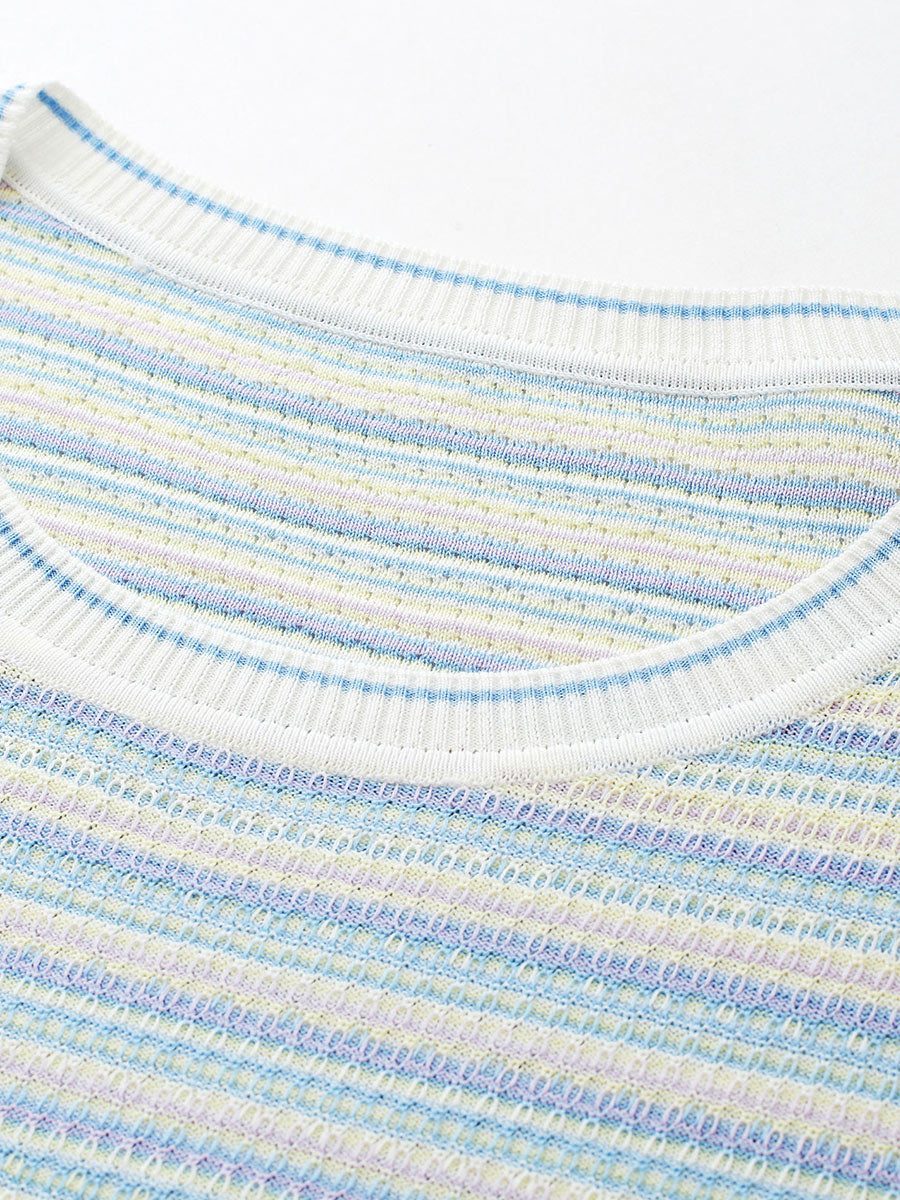 COMOBOCA Women's Pastel Marled Stripe Openwork Knit T-Shirt