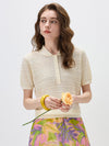 Women's Silk-Cotton Blend Peter Pan Collar Pointelle Knit Short Sleeve Top
