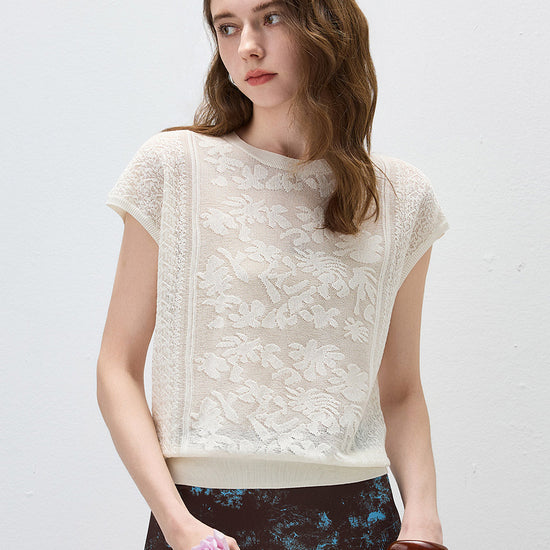 COMOBOCA Women's Semi Sheer Cap Sleeves Knit T-Shirt