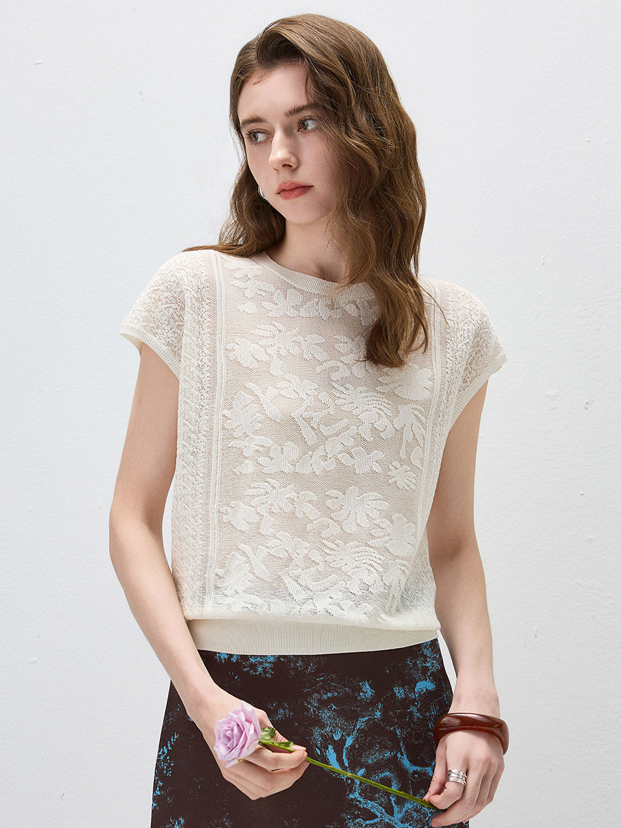 COMOBOCA Women's Semi Sheer Cap Sleeves Knit T-Shirt