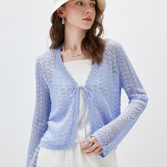 COMOBOCA Women's Linen Lace Knit Tie Front Cardigan