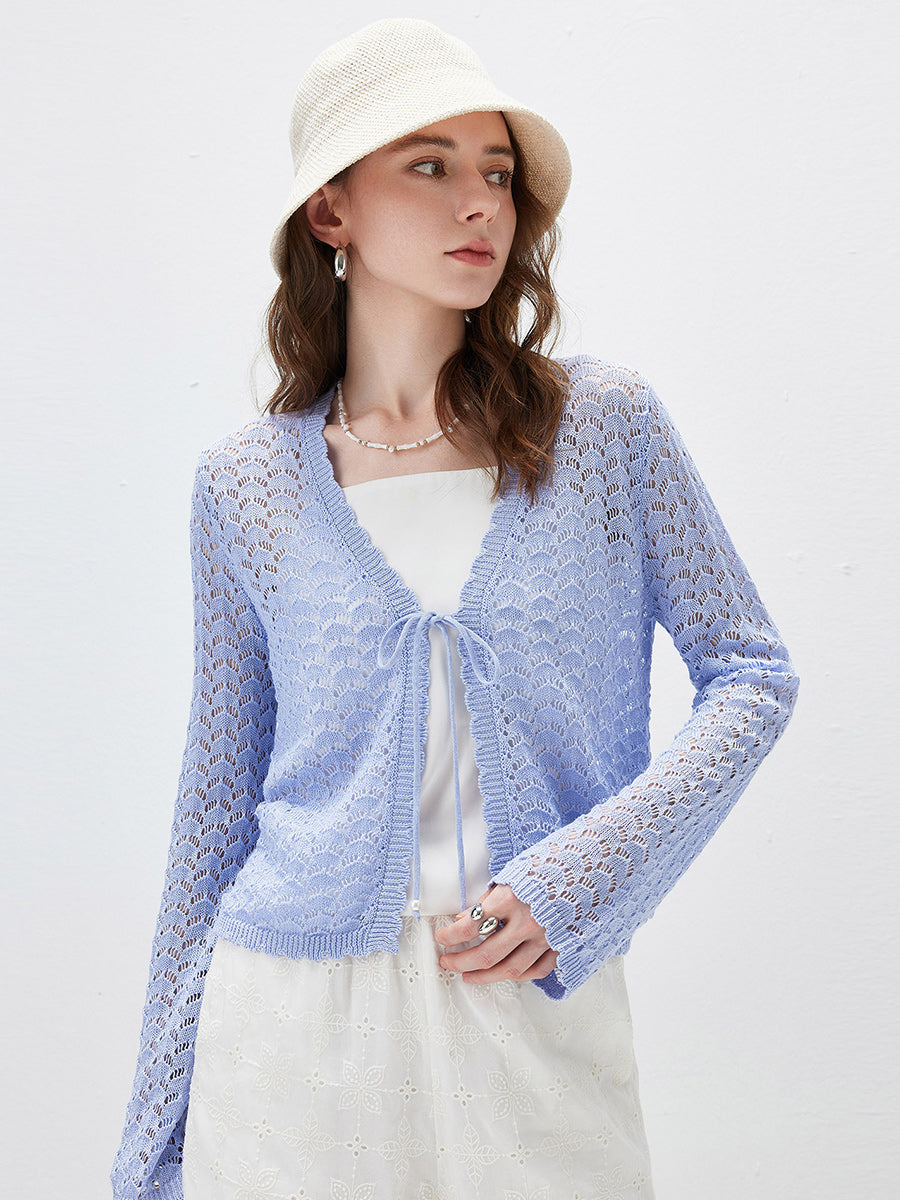 COMOBOCA Women's Linen Lace Knit Tie Front Cardigan