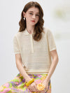 Women's Silk-Cotton Blend Peter Pan Collar Pointelle Knit Short Sleeve Top