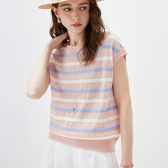 COMOBOCA Women's Striped Knit Cap Sleeve T-Shirt