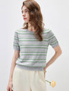 Women's Silk-Cotton Jacquard Stripe Knit Crew Neck Short Sleeve T-Shirt