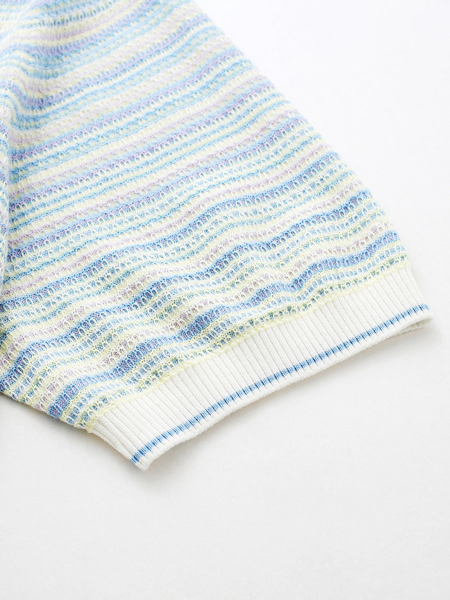COMOBOCA Women's Pastel Marled Stripe Openwork Knit T-Shirt