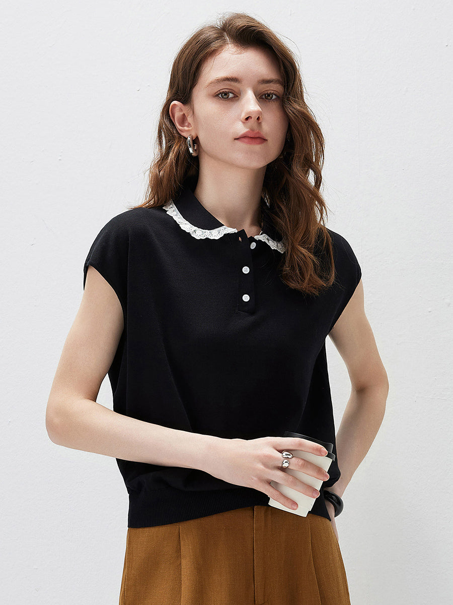 COMOBOCA Women's Lace Trim Collar Knit Polo T-Shirt