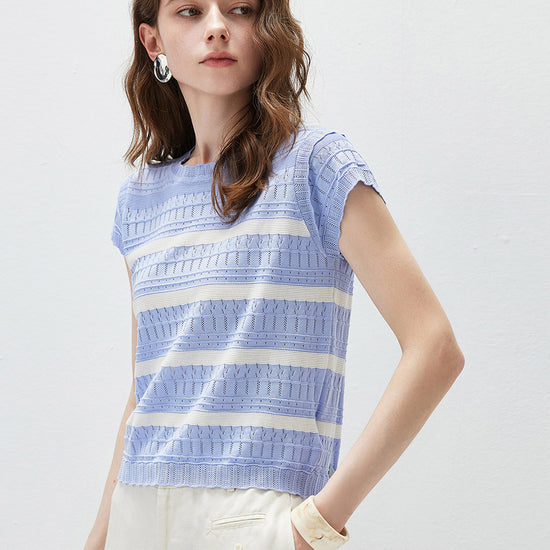 COMOBOCA Women's Cap Sleeve Striped Openwork Knit T-Shirt