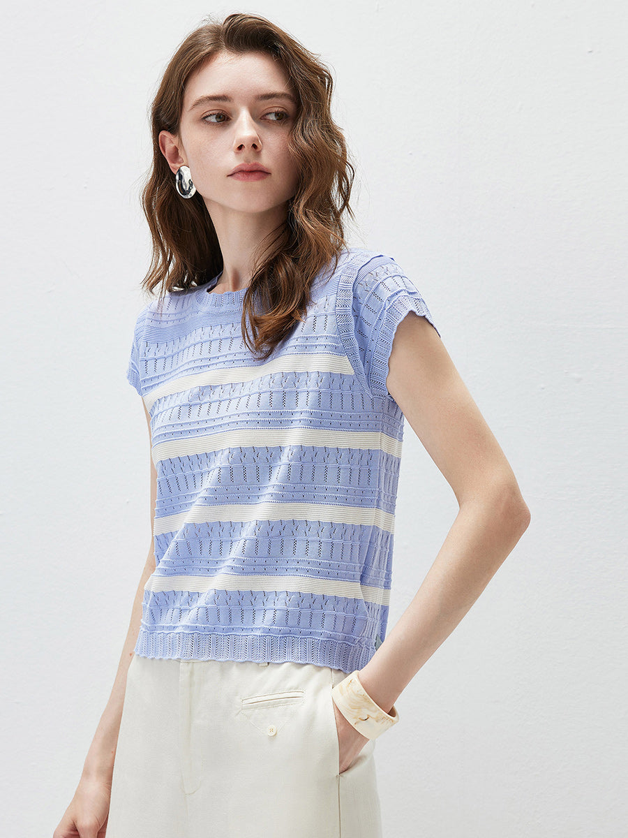 COMOBOCA Women's Cap Sleeve Striped Openwork Knit T-Shirt