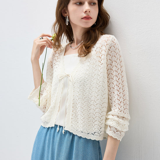 COMOBOCA Women's Linen Lace Knit Tie Front Cardigan