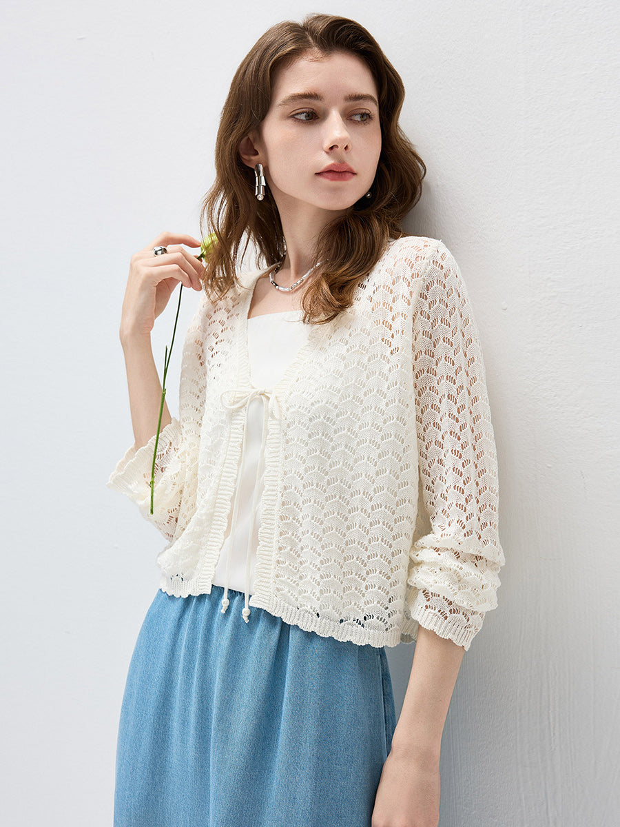 COMOBOCA Women's Linen Lace Knit Tie Front Cardigan