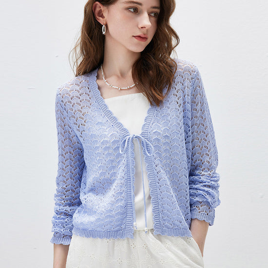 COMOBOCA Light Blue Women's Linen Lace Knit Tie Front Cardigan