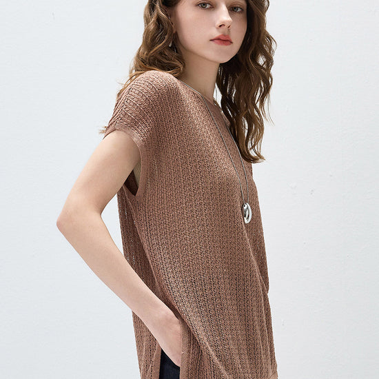 COMOBOCA Women's Openwork Side Slit Knit Top