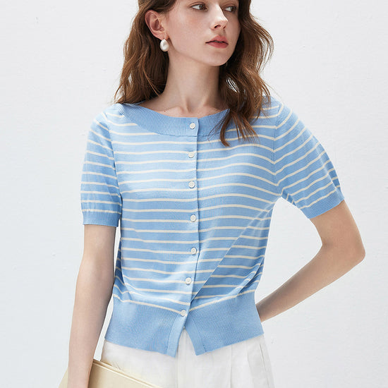 COMOBOCA Women's Striped Short Sleeve Knit Cardigan