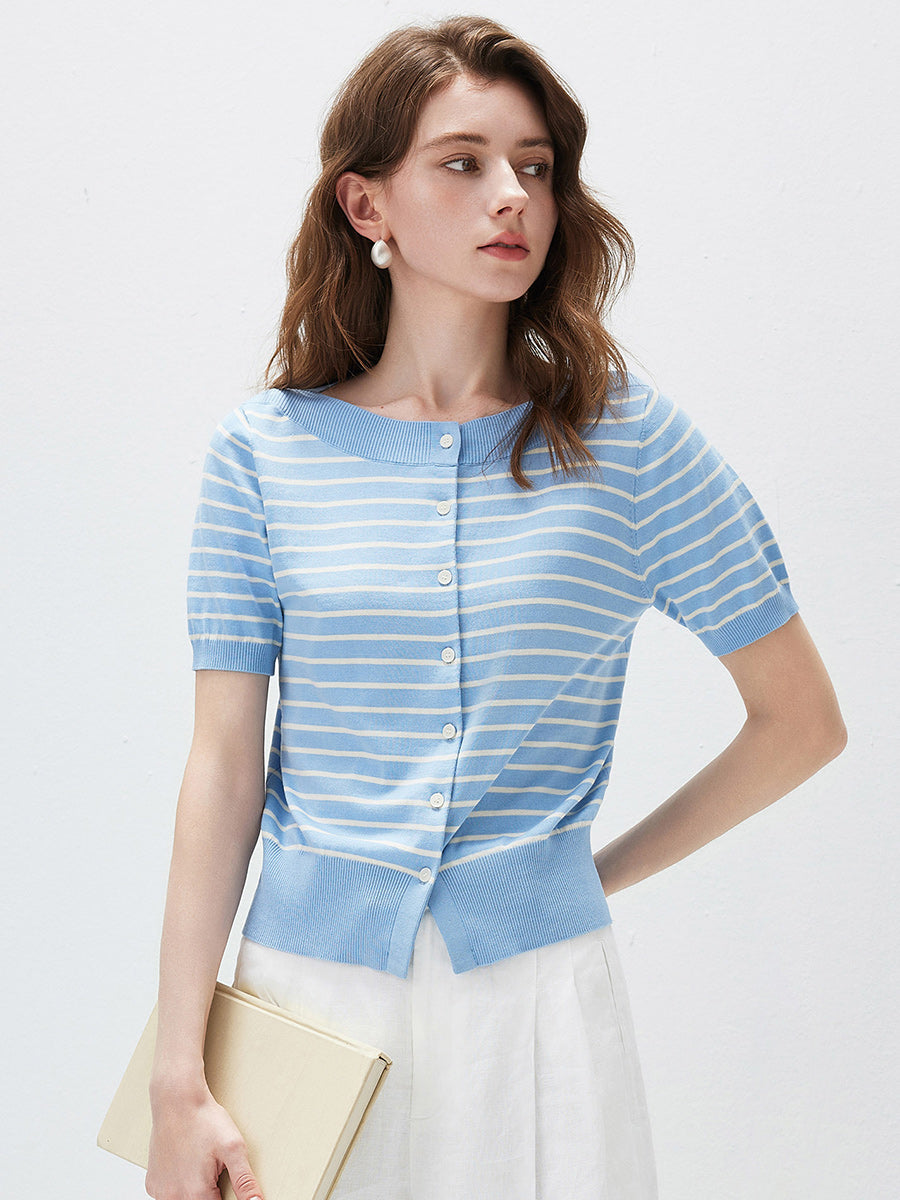 COMOBOCA Women's Striped Short Sleeve Knit Cardigan