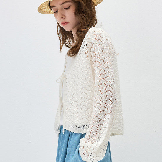 COMOBOCA Women's Linen Lace Knit Tie Front Cardigan