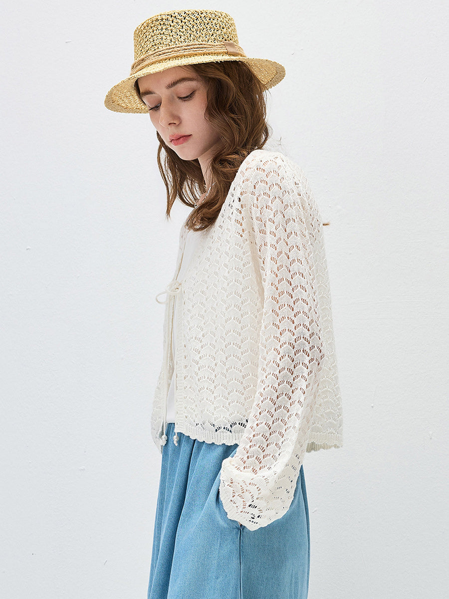 COMOBOCA Women's Linen Lace Knit Tie Front Cardigan