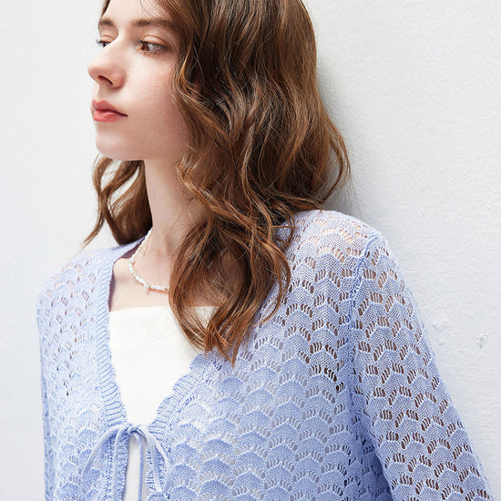 COMOBOCA Women's Linen Lace Knit Tie Front Cardigan