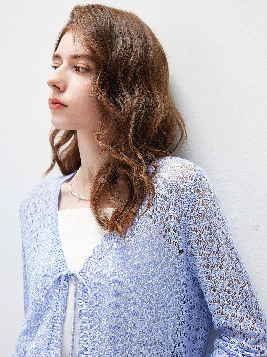 COMOBOCA Women's Linen Lace Knit Tie Front Cardigan