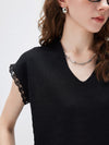 Women's V-Neck Silk-Cotton Jacquard Knit Short Sleeve T-Shirt