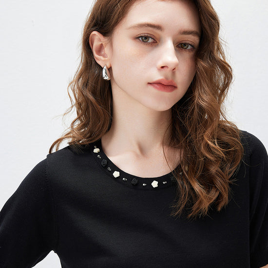 COMOBOCA Women's Rhinestone Trim Knit T-Shirt