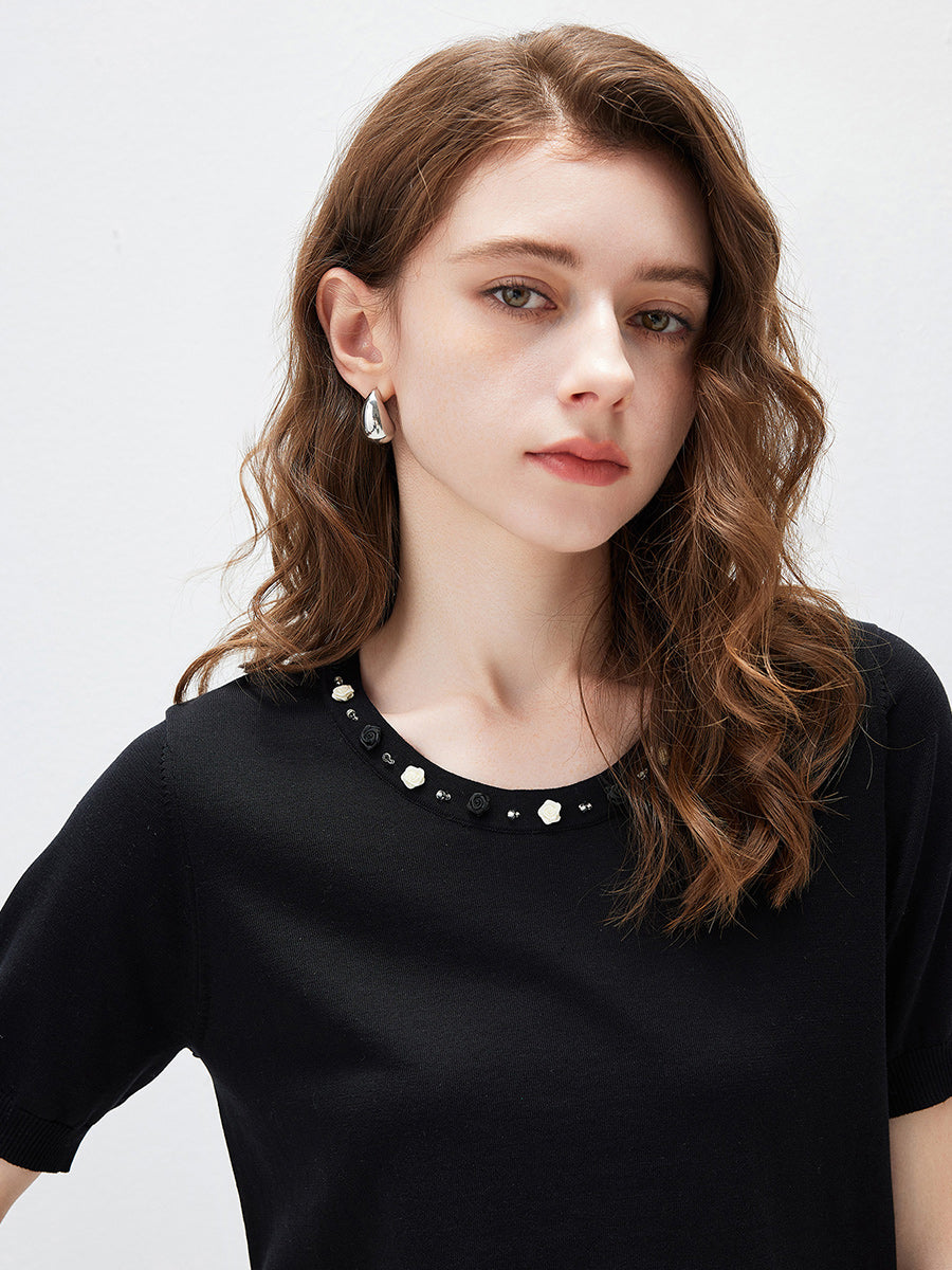 COMOBOCA Women's Rhinestone Trim Knit T-Shirt