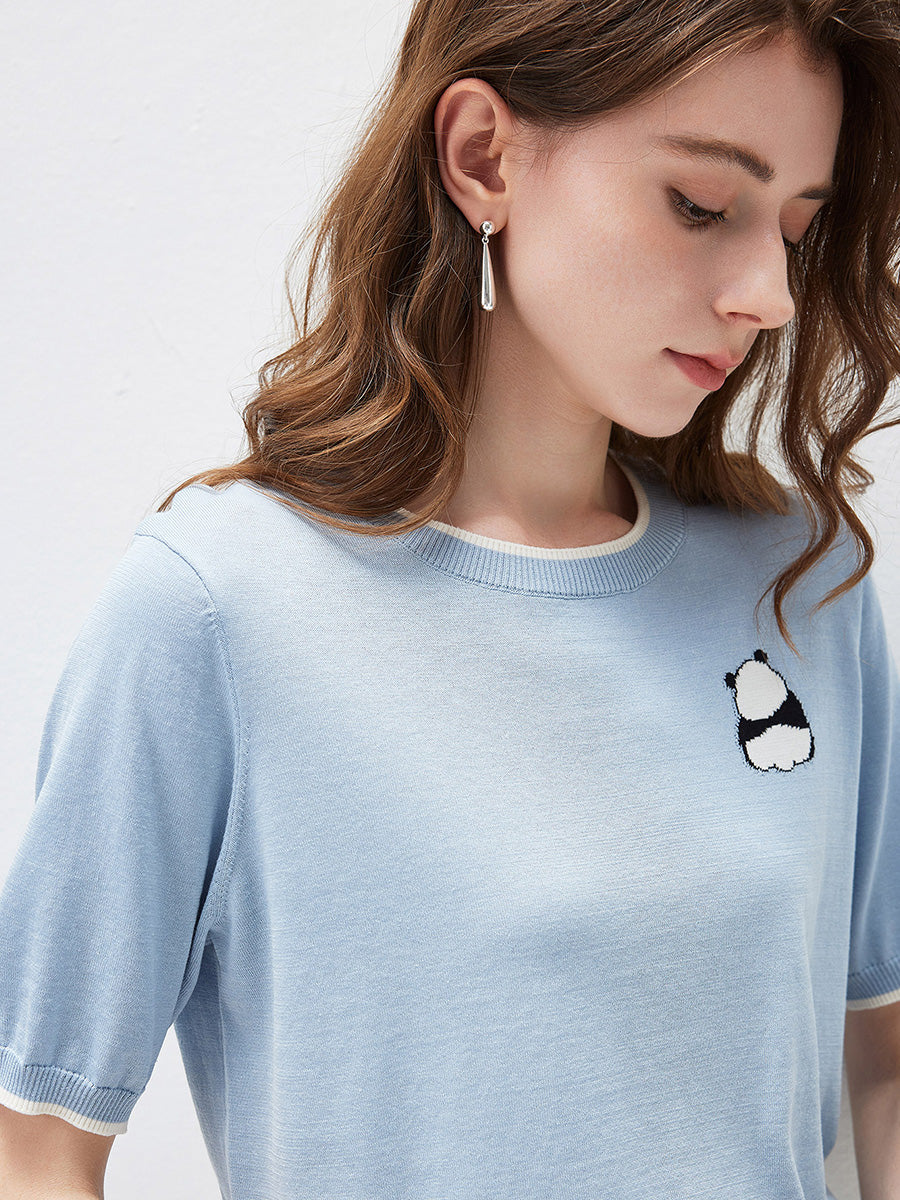 COMOBOCA Women's Panda Motif Contrast Trim Knit T-Shirt