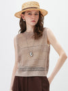 Women's Linen Blend Crew Neck Pointelle Knit Sleeveless Vest
