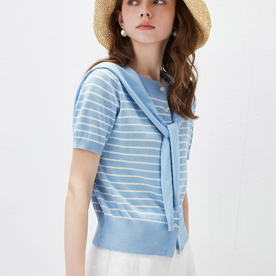 COMOBOCA Women's Striped Short Sleeve Knit Cardigan