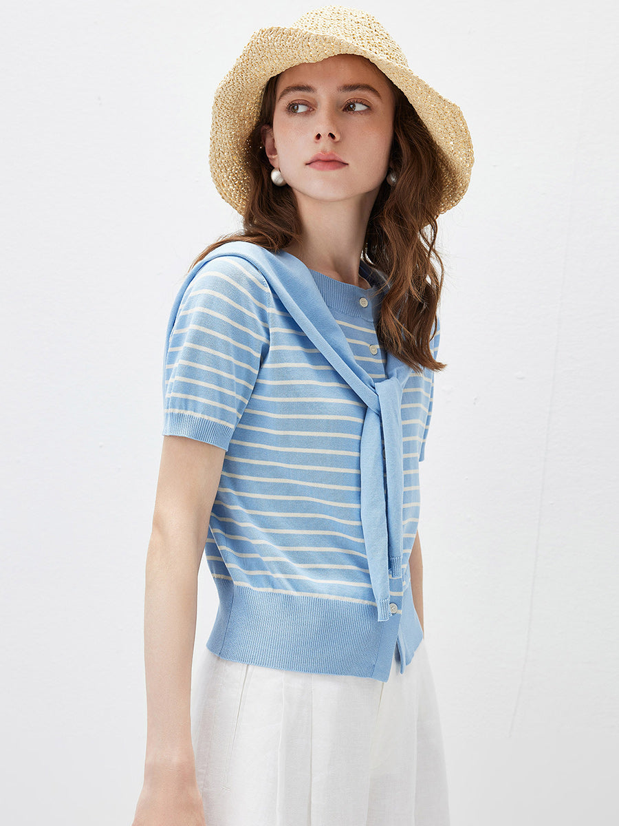 COMOBOCA Women's Striped Short Sleeve Knit Cardigan