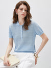 Women's Silk-Cotton Blend Peter Pan Collar Pointelle Knit Short Sleeve Top